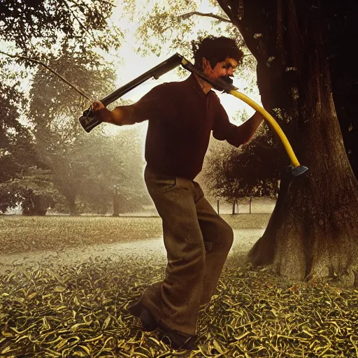 Prompt: closeup portrait of a man with a leafblower fighting a tree, by Steve McCurry and David Lazar, natural light, detailed face, CANON Eos C300, ƒ1.8, 35mm, 8K, medium-format print