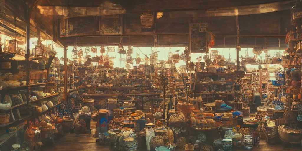 Image similar to interior of a sundry shop at pulau indah fishing village, near a jetty, half empty shelves, early morning, detailed matte painting, low angle view, telephoto lens, bokeh, studio ghibli, artstation