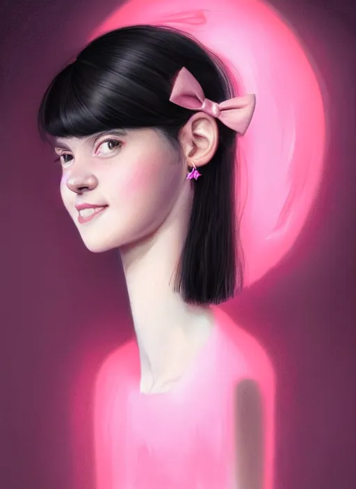 Image similar to portrait of high school girl, realistic, black hair, bangs, half updo hairstyle, pointy nose, skinny, smile, ugly, defined jawline, big chin, pink hair bow, earrings, intricate, elegant, glowing lights, highly detailed, digital painting, artstation, sharp focus, illustration, art by wlop, mars ravelo and greg rutkowski