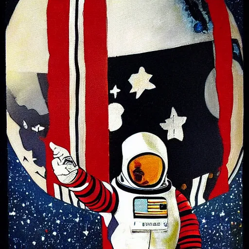 Prompt: A beautiful painting of a astronaut standing on a planet with a flag in the background. white, Indian by Howard Pyle, by Cory Arcangel, by Satoshi Kon fantastic, eclectic