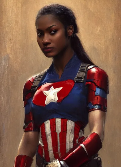 Image similar to maria igwe. beautiful female Captain America. gorgeous face. Iranian orientalist portrait by john william waterhouse and Edwin Longsden Long and Theodore Ralli and Nasreddine Dinet, oil on canvas. Cinematic, hyper realism, realistic proportions, dramatic lighting, high detail 4k