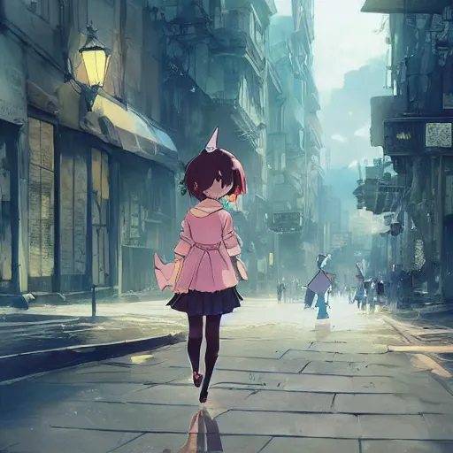 Prompt: anime key visual of a little witch with her capybara mascot walking through busy cities, cinematic lighting, dramatic atmosphere, by dustin nguyen, akihiko yoshida, greg tocchini, greg rutkowski, cliff chiang, 4 k resolution