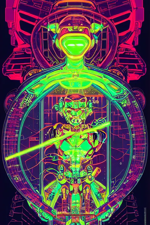 Image similar to ortographic view of Bioluminescent flourescent portrait of mecha, very intricate , by Jen Bartel and Moebius and Dan Mumford and Satoshi Kon, gouache illustration, vivid colors