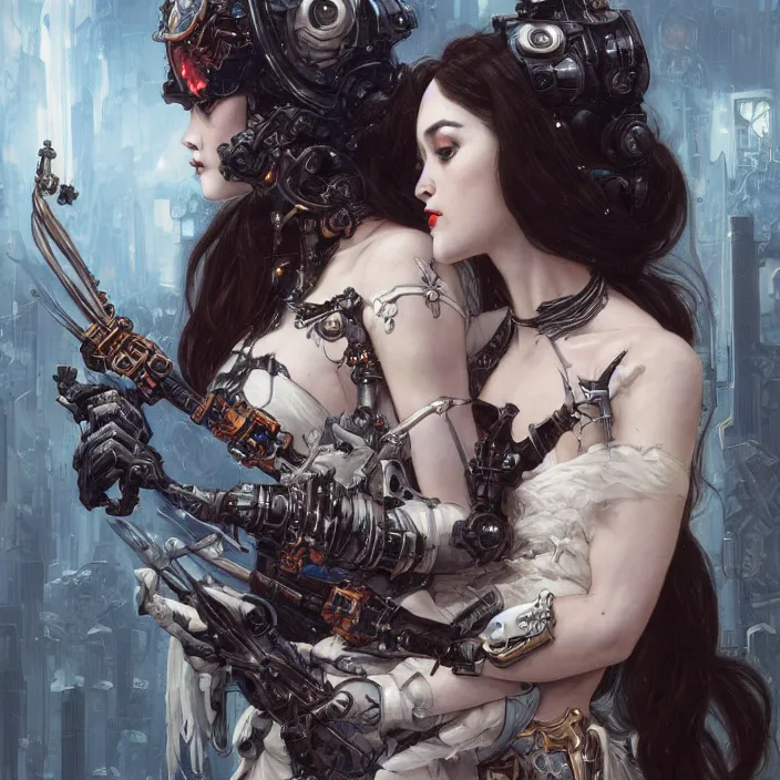 Image similar to portrait of two beautiful pale gothic cyborg maidens kissing, warhammer 40000, cyberpunk, intricate, elegant, highly detailed, digital painting, artstation, concept art, smooth, sharp focus, illustration, art by artgerm and greg rutkowski and alphonse mucha and Gustav Klimt