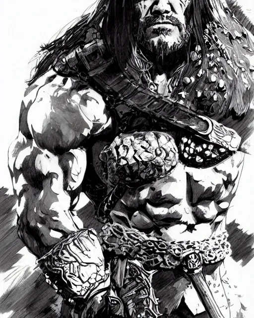 Image similar to portrait of conan the barbarian, concept art, sumi - e style, intricate linework, artstation, trending, highly detailed, smooth, focus, art by yoji shinkawa