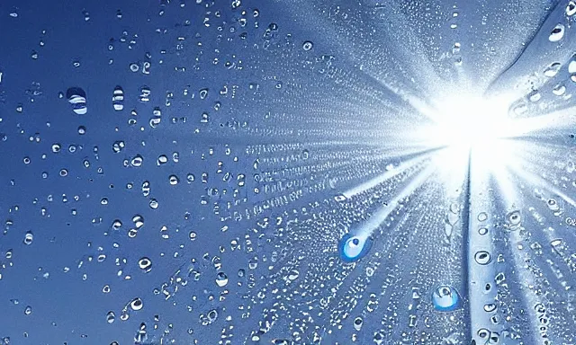 Image similar to beautiful picture of a sunny blue sky with a magical vertical cylindrical tunnel of big upside-down raindrops floating quietly