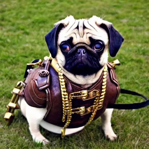 Image similar to photo of a pug dressed in steampunk gear.