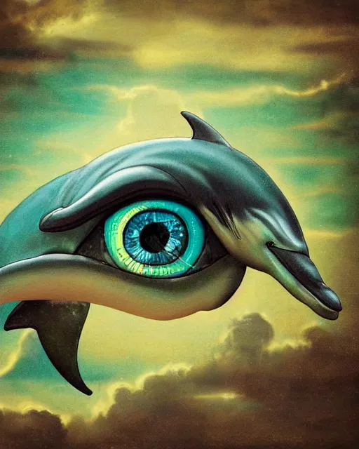 Prompt: an intimate portrait of a gnarly dolphin sky captain, old skin, faded cap, charming, strong leader, metal eye piece, a look of cunning, big smile, detailed matte fantasy painting, golden cityscape, green, teal, velvet, fluorescent