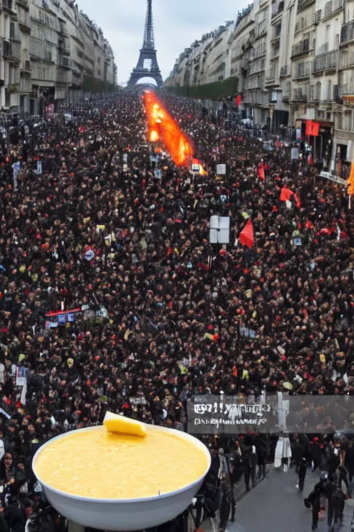 Prompt: citizens of paris riot and roll a giant cheese fondue onto champs elysees, getty images