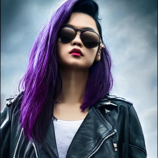 Image similar to photo of a gorgeous asian female with long dark purple hair in the style of stefan kostic, realistic, cyberpunk, leather jacket, aviators, body shot, sharp focus, 8 k high definition, insanely detailed, intricate, elegant, art by stanley lau and artgerm, floating embers