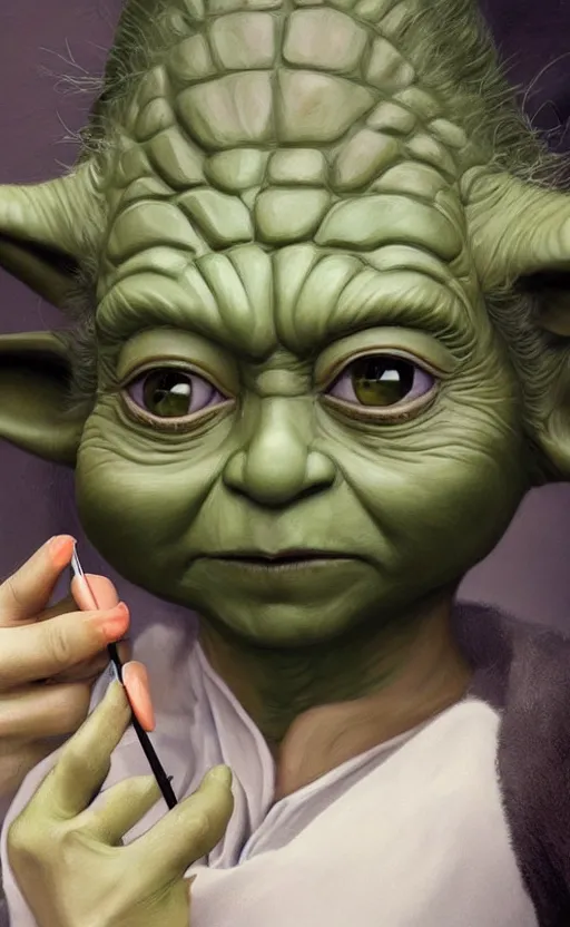 Image similar to beautiful detailed photorealistic painting of yoda putting on makeup. having a makeover. putting on lipstick. beauty. makeover. hq, hd. detailed. trending on artstation