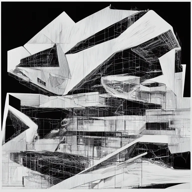 Image similar to a black and white drawing of a architectural elevation by zaha hadid, a screenprint by robert rauschenberg, behance contest winner, deconstructivism, da vinci, constructivism, greeble