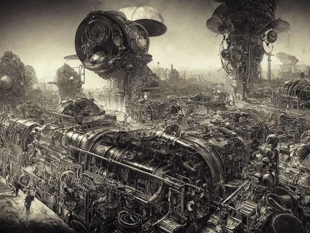 Image similar to solar-punk war train, vacuum tube-punk, electron tube-punk. 8k resolution concept art hyperdetailed trending on Artstation Unreal Engine hyperrealism psychedelic art synthetism. Futurism by beksinski carl spitzweg moebius and tuomas korpi. baroque elements. baroque element. intricate artwork by caravaggio