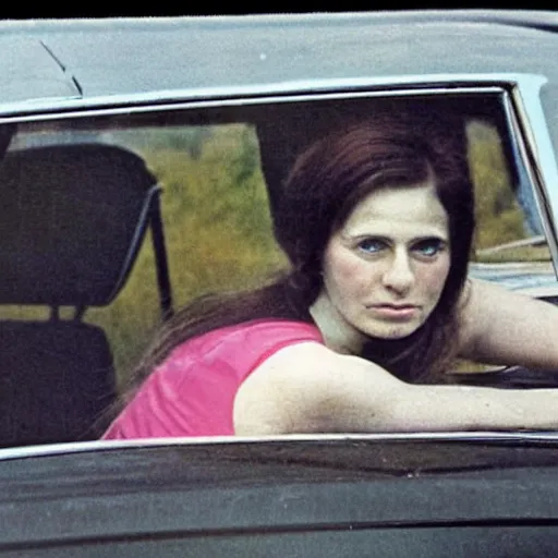 Image similar to a woman laying in the back seat of a car in 1 9 7 4 color