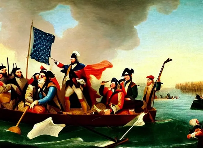 Image similar to oil painting of Washington Crossing the Delaware but Washington is taking a selfie