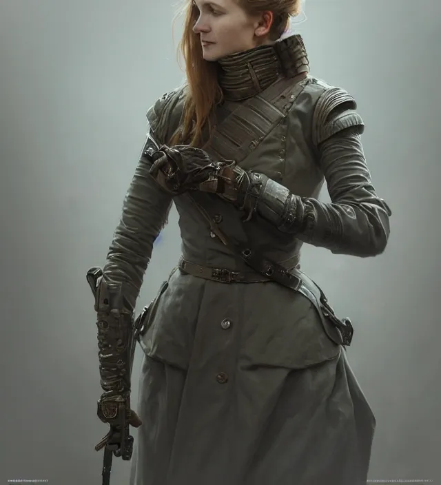 Prompt: portrait of a finnish woman wearing a gray traditional nineteenth century military jacket, metal shoulder pauldrons, intricate, highly detailed, digital painting, artstation, concept art, sharp focus, cinematic lighting, illustration, art by artgerm and greg rutkowski, alphonse mucha, cgsociety