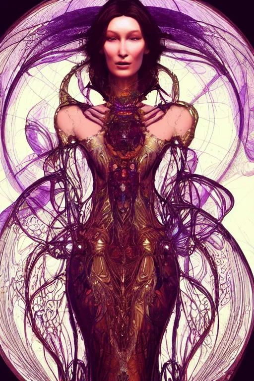 Image similar to a realistic portrait of a beautiful ancient alien woman goddess bella hadid standing in iris van herpen dress jewelery and fractals in style of alphonse mucha art nuvo dmt trending on artstation made in unreal engine 4