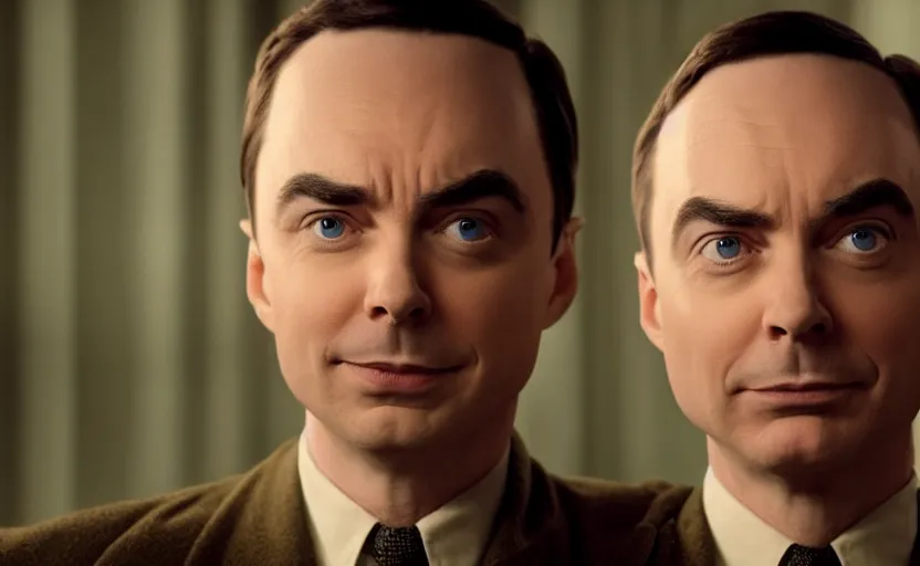 Image similar to Jim Parsons as J. Robert Oppenheimer in 'Oppenheimer' (2018), movie still frame, oscar nominated cinematography, volumetric lighting, 8k resolution, beautiful composition