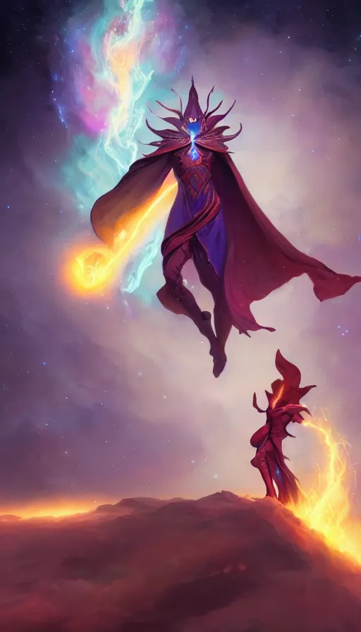 Image similar to cosmic wizard with a cape, epic scene, colors, holy, full body, galaxy, and, stars, atmosphere, unreal engine, pixar, video game, ethereal, insanely detailed, symmetrical, concept art, peter mohrbacher, charlie bowater, artstation, cinematic, video game, digital painting, artist maena, 4 k