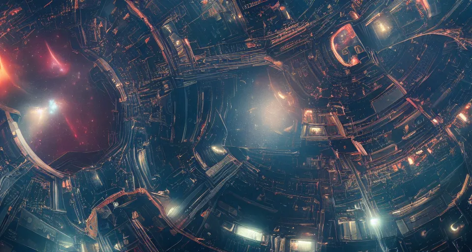 Prompt: a beautiful photograph of space city in orbit black hole, rectilinear, barometric projection, dutch angle from space view, concept art, high detail, intimidating, deep rich colors, iridescent radiance, epic scale ultrawide angle, stunning, epic, cinematic, Artstation trending, octane render, hyperrealistic, Cryengine 8k UHD