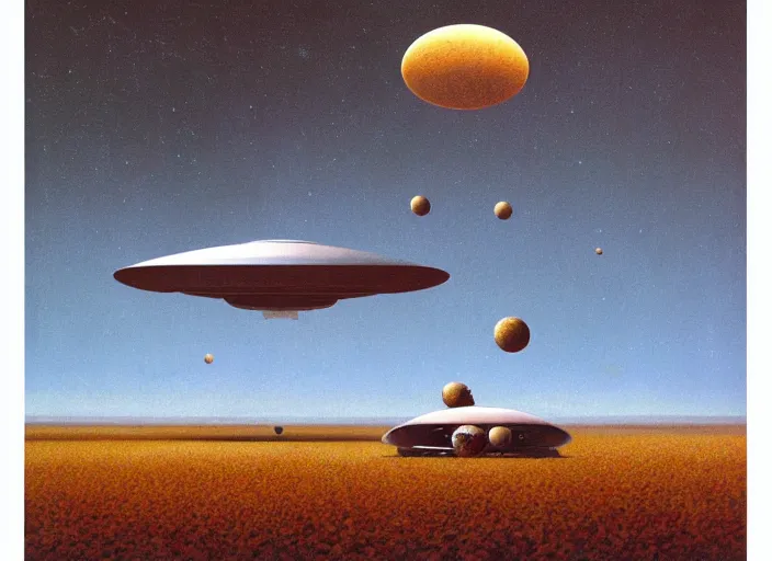 Image similar to ufo flying saucer space ship landing in field of spaghetti and meatballs, albumen silver print by timothy h. o'sullivan ralph mcquarrie
