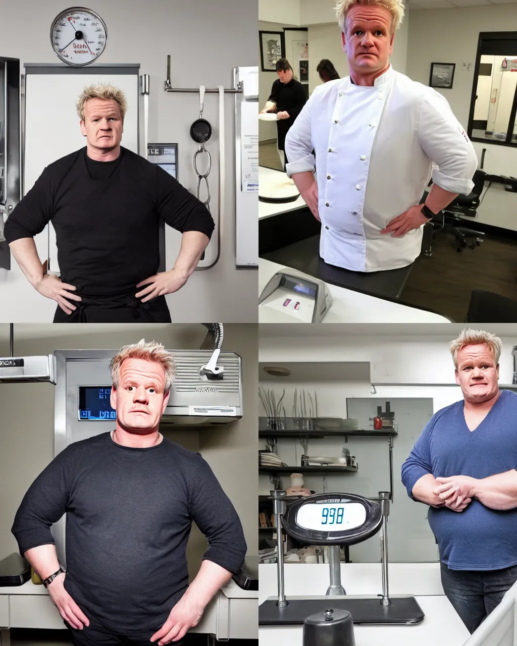 Prompt: mordbidly obese gordon ramsey standing on a weighing scale, extremely fat, doctors office