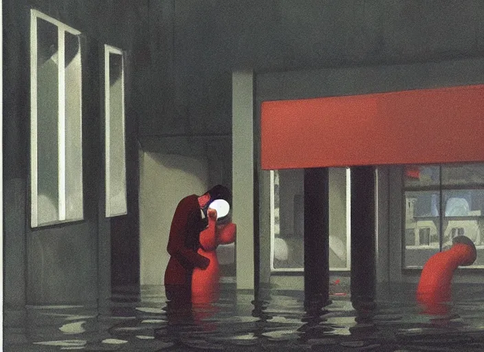 Prompt: spherical people kissing in gas masks at flooded gas station Edward Hopper and James Gilleard, Zdzislaw Beksinski highly detailed