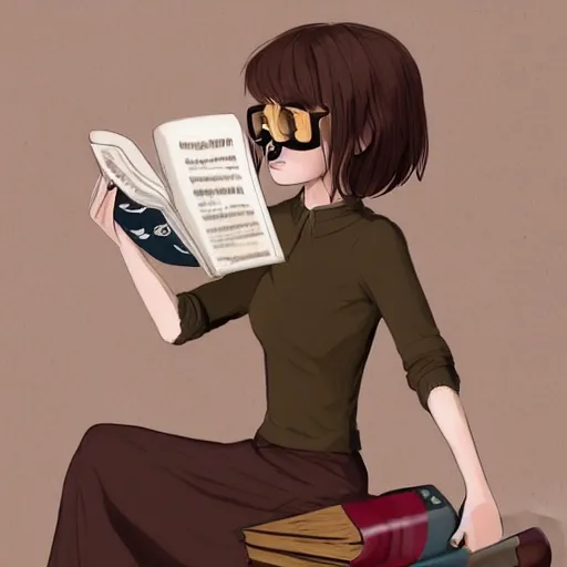 Prompt: POSE(fullbody pose + sitting, reading a book) WEAR(long-sleeve blouse + wool skirt + bottlecap-lens glasses) APPEAR(short brown hair + short woman + twenty five years old + small grin) MOOD(peaceful) NOTES(featured on ArtStation)