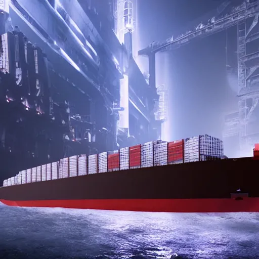 Prompt: photo of immense gigantic industrial futuristic cargo ship arrives at futuristic city sea port, dark cinematic lighting.