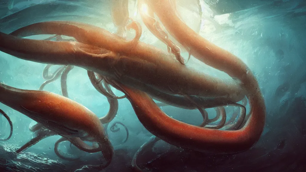 Image similar to a photorealistic hyperrealistic underwater render of a giant squid wraps it ’ s tentacles around a deep sea submersible with bright headlights by greg rutkowski, james paick, wlop, nicolas bouvier sparth, stephan martiniere, dramatic moody lighting, underwater caustics, volumetric, light rays, cinematic atmosphere, octane render, artstation, 8 k