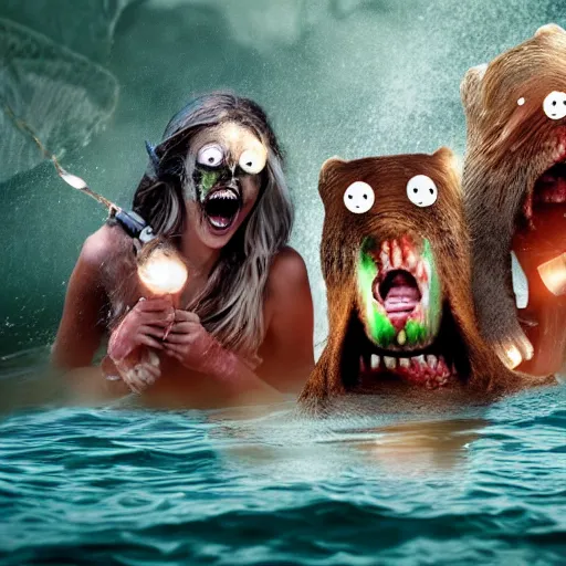 Image similar to three young women having fun on a boat, while a zombie beaver with glowing eyes is swimming beneath them. horror. realistic photo. very detailed.