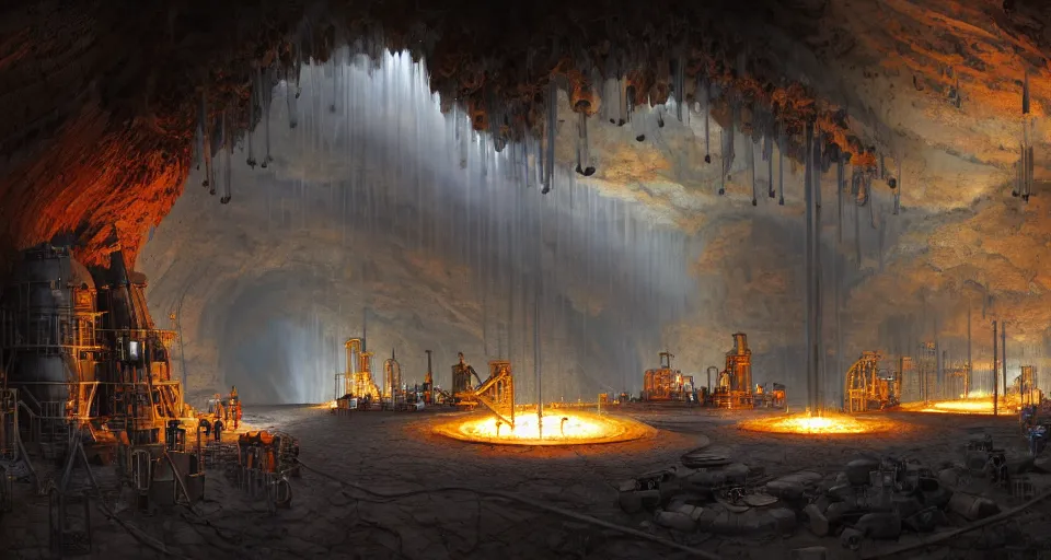 Prompt: a highly detailed digital matte painting of a high-tech smelting pit in a cave, workers, long wide systems of pipes, huge vats, by Raphael Lacoste and Stephan Martiniere and Peter Mohrbacher and Robert McCall, volumetric lighting, hyperdetailed, octane render, 8k H- 640