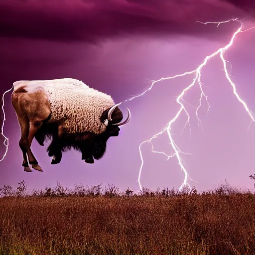 Prompt: buffalo flying with white angelic wings on its back, photograph, beautiful lightning, 4 k
