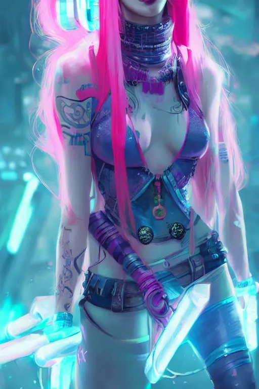 Prompt: jinx from league of legends, long pink hair, cyberpunk futuristic neon. decorated with traditional japanese ornaments by ismail inceoglu dragan bibin hans thoma greg rutkowski alexandros pyromallis nekro rene maritte illustrated, perfect face, fine details, realistic shaded, fine - face, pretty face