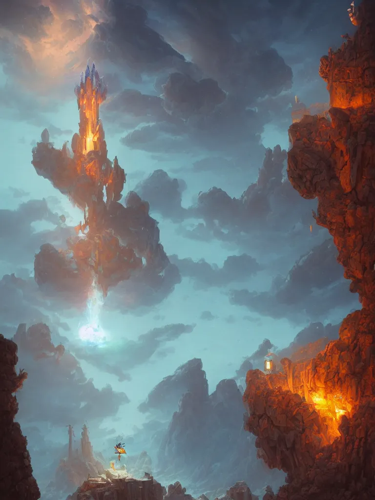 Prompt: a blue fireball hovering over an epic fantasy tower in a dune sea filled with ruins by Peter Mohrbacher, moody lighting, rocky cliffs, tarot card