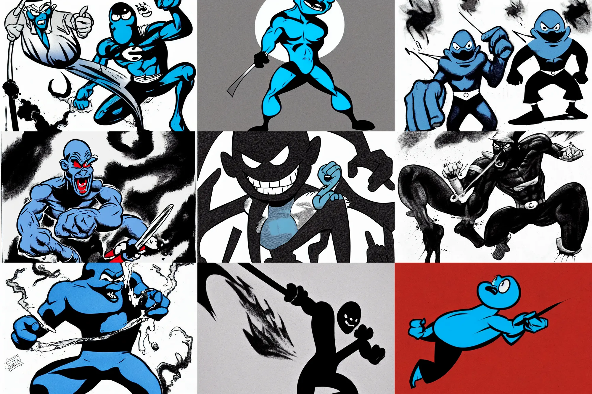 Prompt: black smurf being angry, comicbook drawing, very detailed, funny, comedic, minimalistic on white background