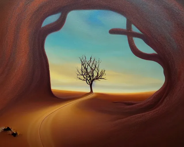 Image similar to a painting of a tree in the desert, an airbrush painting by breyten breytenbach, sea of sand, cgsociety, neo - primitivism, airbrush art, dystopian art, apocalypse landscape