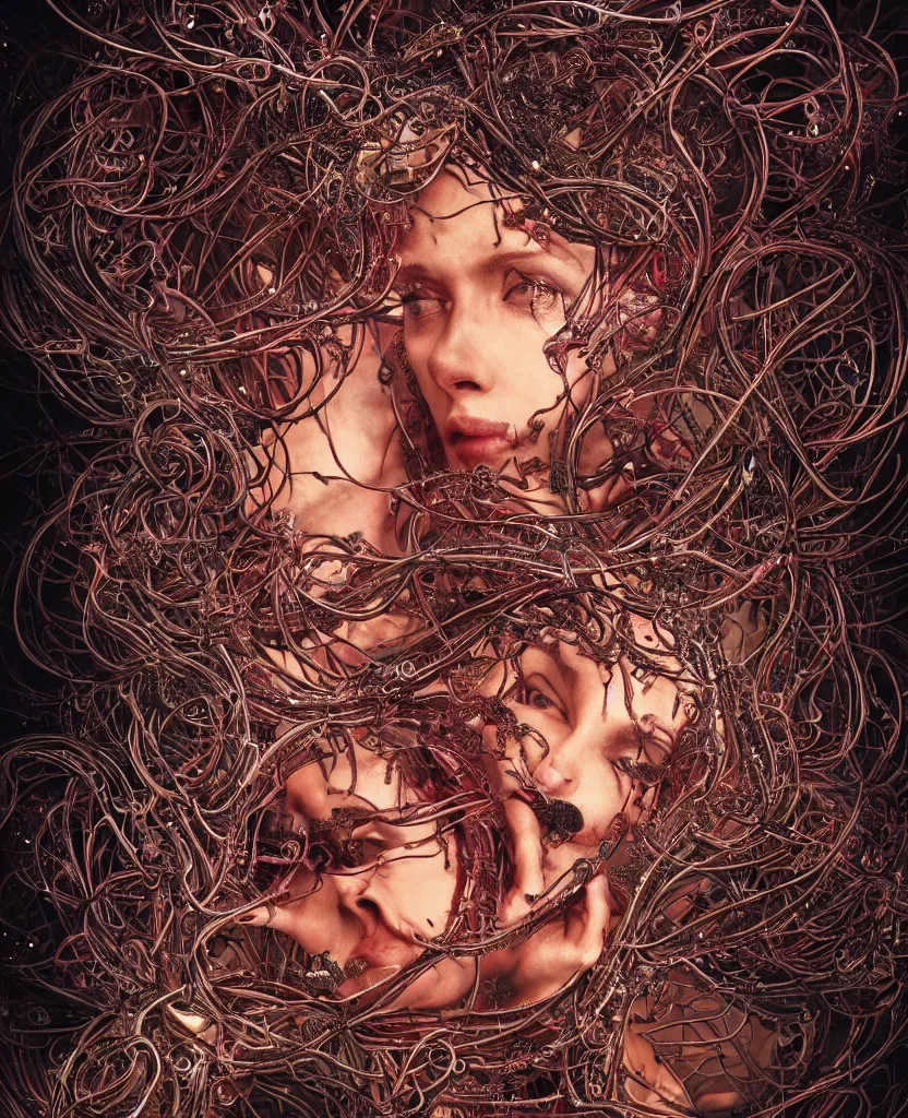 Prompt: beautiful portrait of the priestess of pain and sorrow, entangled in intricate tendrils, bio-mechanical cathedral, chaotic swirling ferrofluids, occult, octane render, glow, surreal dramatic lighting, intricate details and ornaments, 8k, cinematic, blur, shallow depth of field, neuro web, plasma, neon