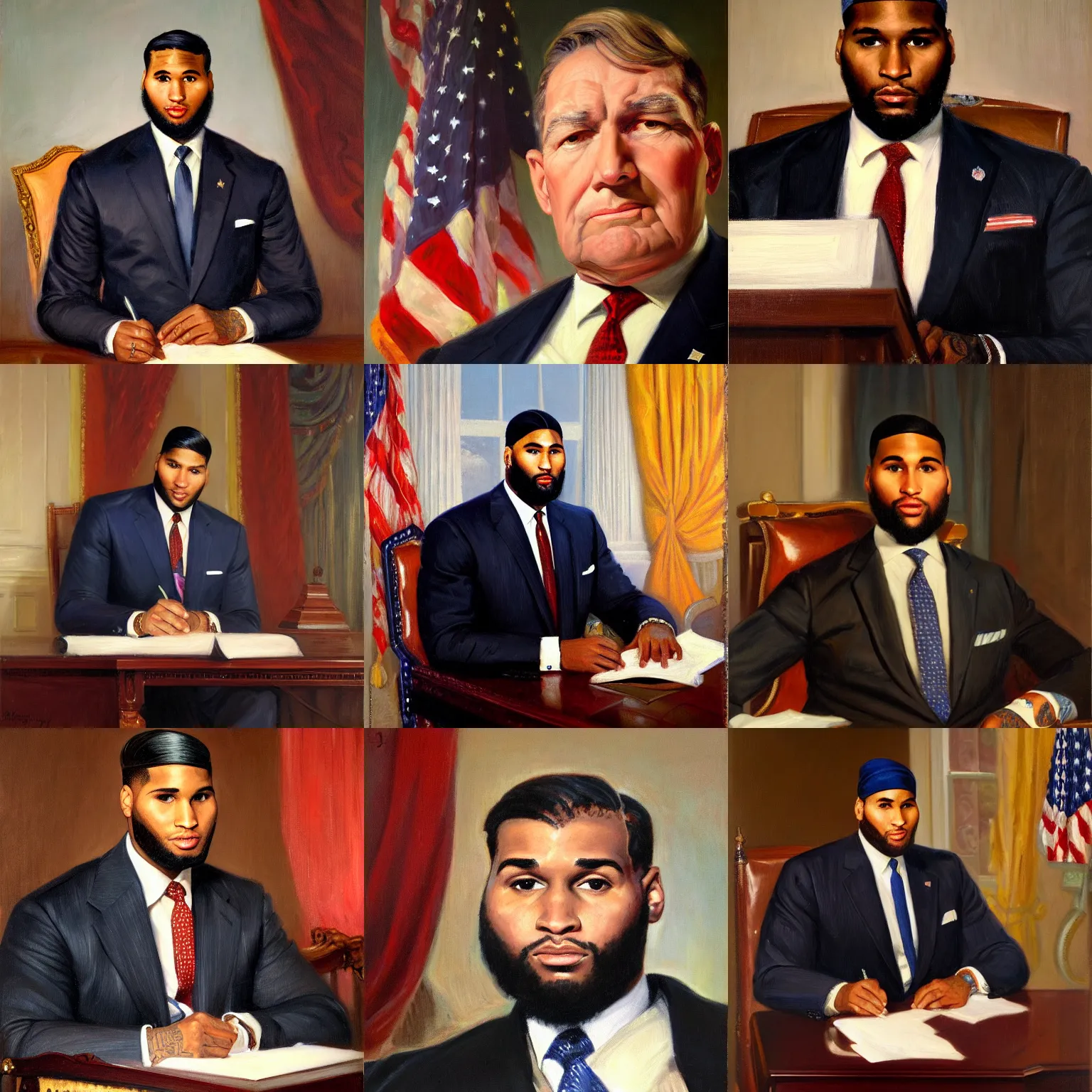 Prompt: facial portrait of united states president demarcus cousins, 1 9 5 6. sitting at the resolute desk. oil on canvas by william sidney mount. trending on artstation