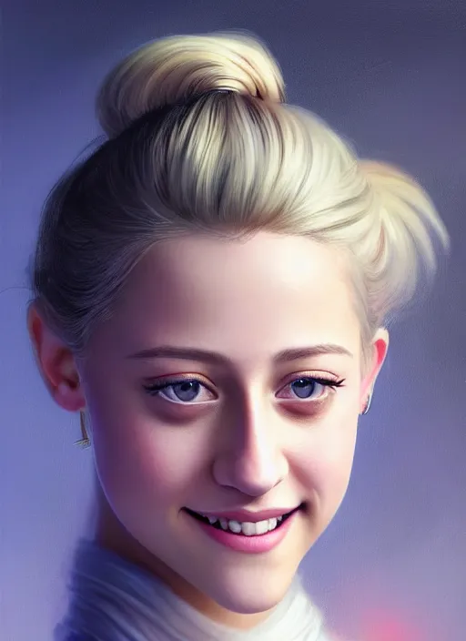 Image similar to portrait of lili reinhart with fluffy bangs, smiling kindly, bangs, 1 9 6 0 s, ponytail, fluffy bangs and ponytail, intricate, elegant, glowing lights, highly detailed, digital painting, artstation, concept art, smooth, sharp focus, illustration, art by wlop, mars ravelo and greg rutkowski