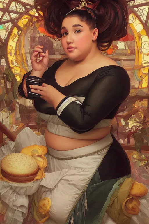 Prompt: obese cottagecore Ariana Grande , food addiction and fat rolls, inside a mc donalds, intricate, elegant, highly detailed, digital painting, artstation, concept art, smooth, sharp, focus, illustration, art by artgerm and greg rutkowski and alphonse mucha