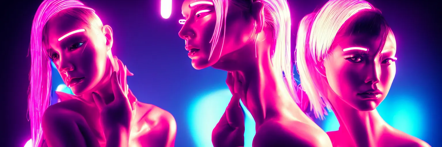 Image similar to 2 0 0 mm lens photography of a few female humanoid cropped tight portrait, cyberpunk high fashion, elegant profile pose, cyber neon lighting, retro futurism, retro futuristic glossy latex bikini, bokeh background, profile posing, hyper photorealistic, crispy quality, digital photography, art by pascal blanche, art by artgerm, art by greg rutkowski,