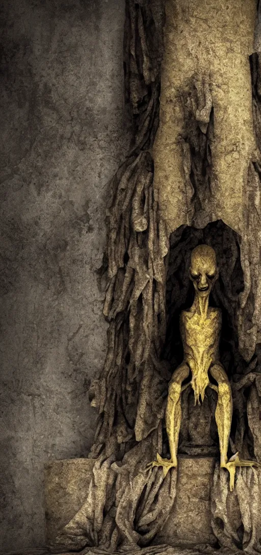 Prompt: a tall pale humanoid being sitting upon an ornate stone throne, 4K, digital art, horror, dramatic, wearing a long yellow rotting garment, dark, hyperrealistic, perspective,