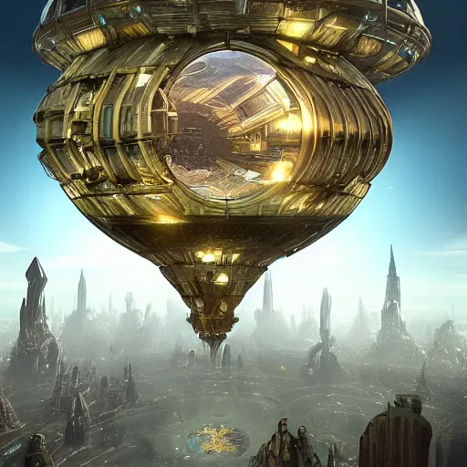 Image similar to enormous flying city in a faberge egg, sky, steampunk, fantasy art, masterpiece, unreal engine, hugh ferriss