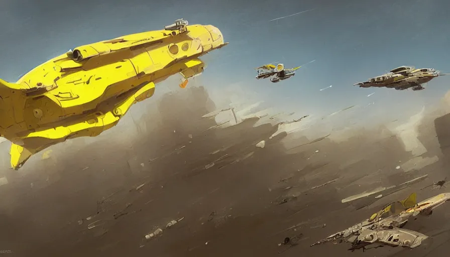 Image similar to a painting of a futuristic yellow submarine plane flying through the sky, concept art by Ian McQue, cgsociety, retrofuturism, artstation hq, concept art, sci-fi, wide angle