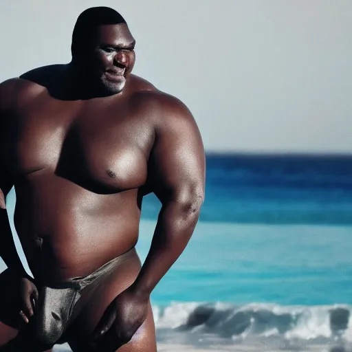 Image similar to big black man with muscles, wearing bikini, cinematic light, front lit