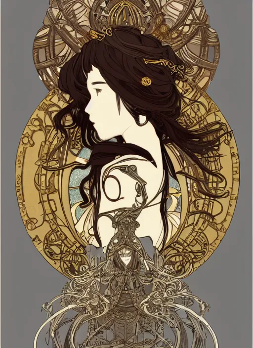 Image similar to photographer looking through camera, design on white background, gnarly details, gold, drawn by studio ghibli, alphonso mucha, lolish, trending on artstation