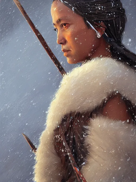 Image similar to an ultradetailed beautiful portrait painting of an female tribe native spear hunting in an arctic snow storm, side view, oil painting, high resolution, by ilya kuvshinov, greg rutkowski and makoto shinkai