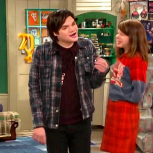 Image similar to a screenshot of Gerard Way talking with Carly in ICarly (2007) , low quality, vhs quality,