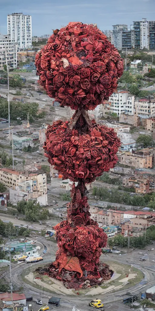 Image similar to giant grotesque flower in the middle of abandoned post soviet constructivist cityscape, ultradetailed by Josan Gonzalez and Giuseppe Arcimboldo